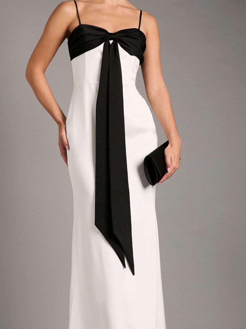 Karen Millen Black and White Spaghetti Strap Evening Gown with Front Tie